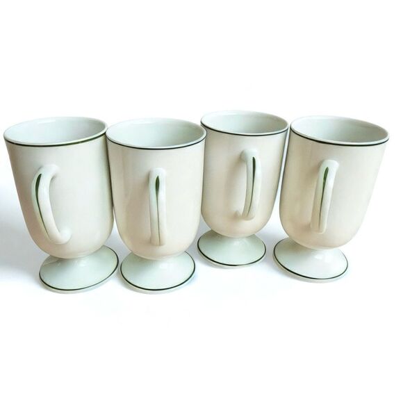 Vintage Irish Coffee White Shamrock Green Trim Footed Ceramic Mugs Set of 4 - Picture 6 of 16